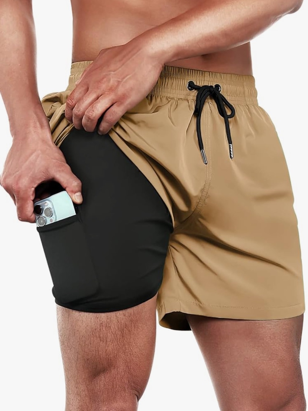 Men's Tan Swim Trunks with Black Inner Liner and Phone Pocket